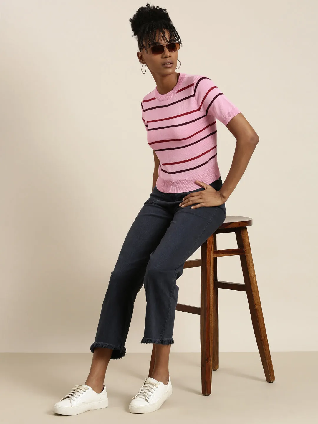 Women Pink Striped Top