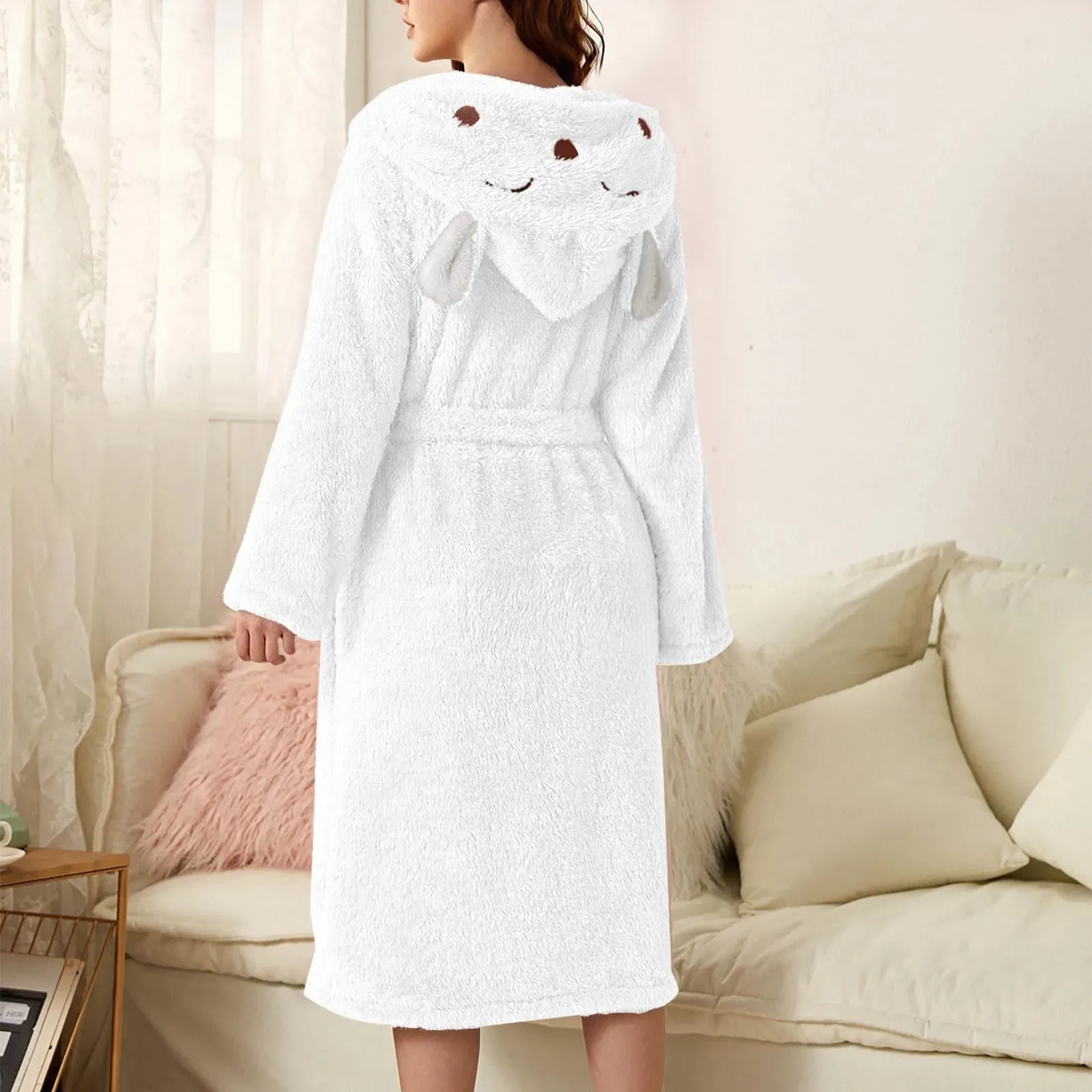 Women's 3d Ear Hooded Flannel Bathrobe Soft And Warm Double Faced Velvet Bathrobe Sexy Pajamas Thickened Winter Home Bathrobe