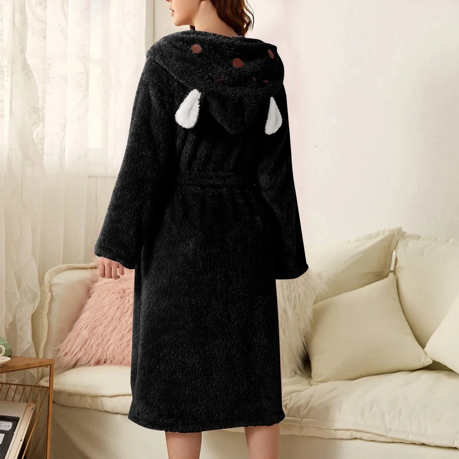 Women's 3d Ear Hooded Flannel Bathrobe Soft And Warm Double Faced Velvet Bathrobe Sexy Pajamas Thickened Winter Home Bathrobe