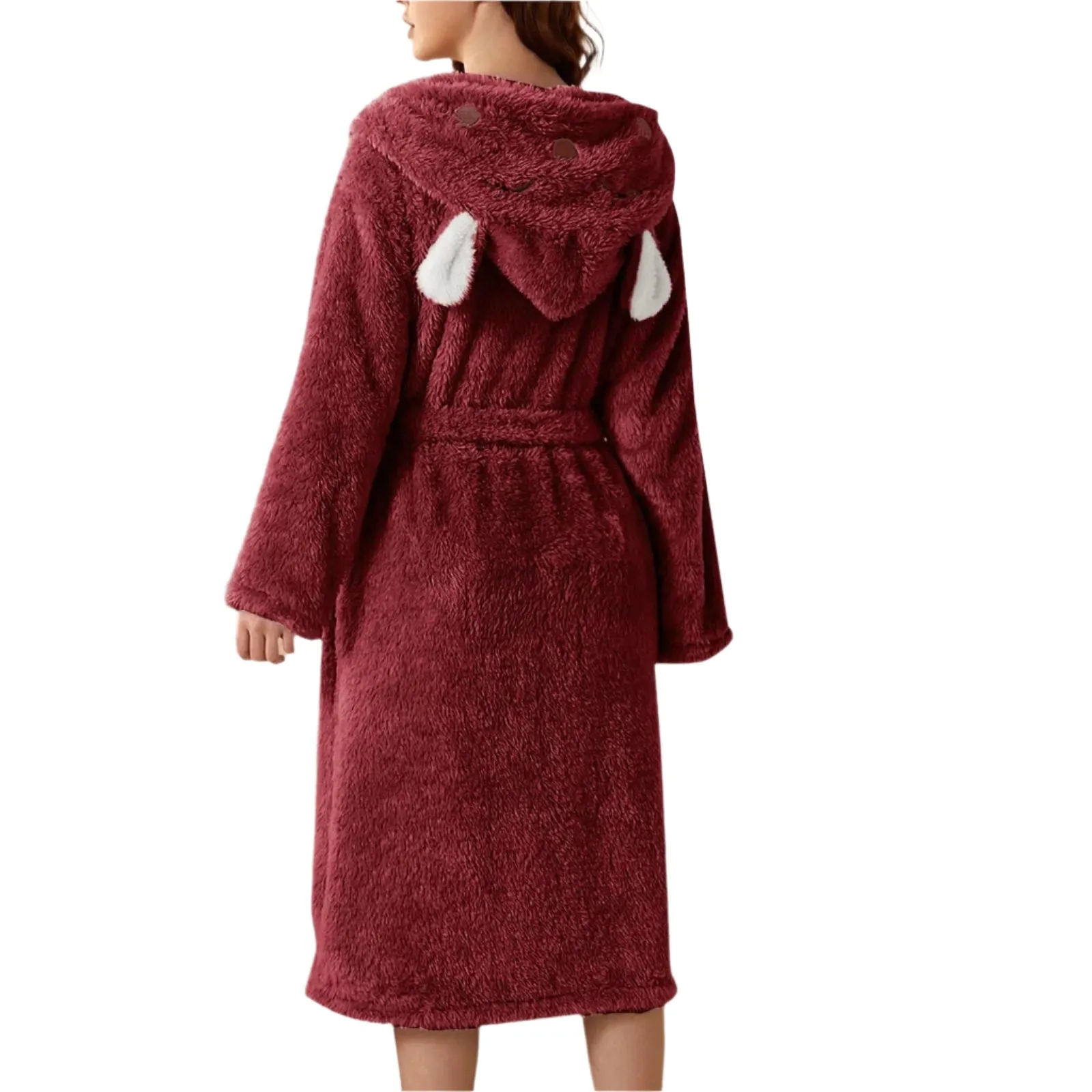 Women's 3d Ear Hooded Flannel Bathrobe Soft And Warm Double Faced Velvet Bathrobe Sexy Pajamas Thickened Winter Home Bathrobe