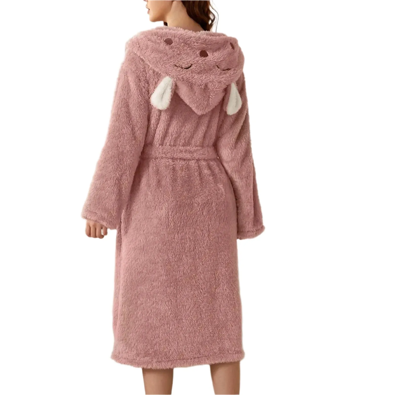 Women's 3d Ear Hooded Flannel Bathrobe Soft And Warm Double Faced Velvet Bathrobe Sexy Pajamas Thickened Winter Home Bathrobe