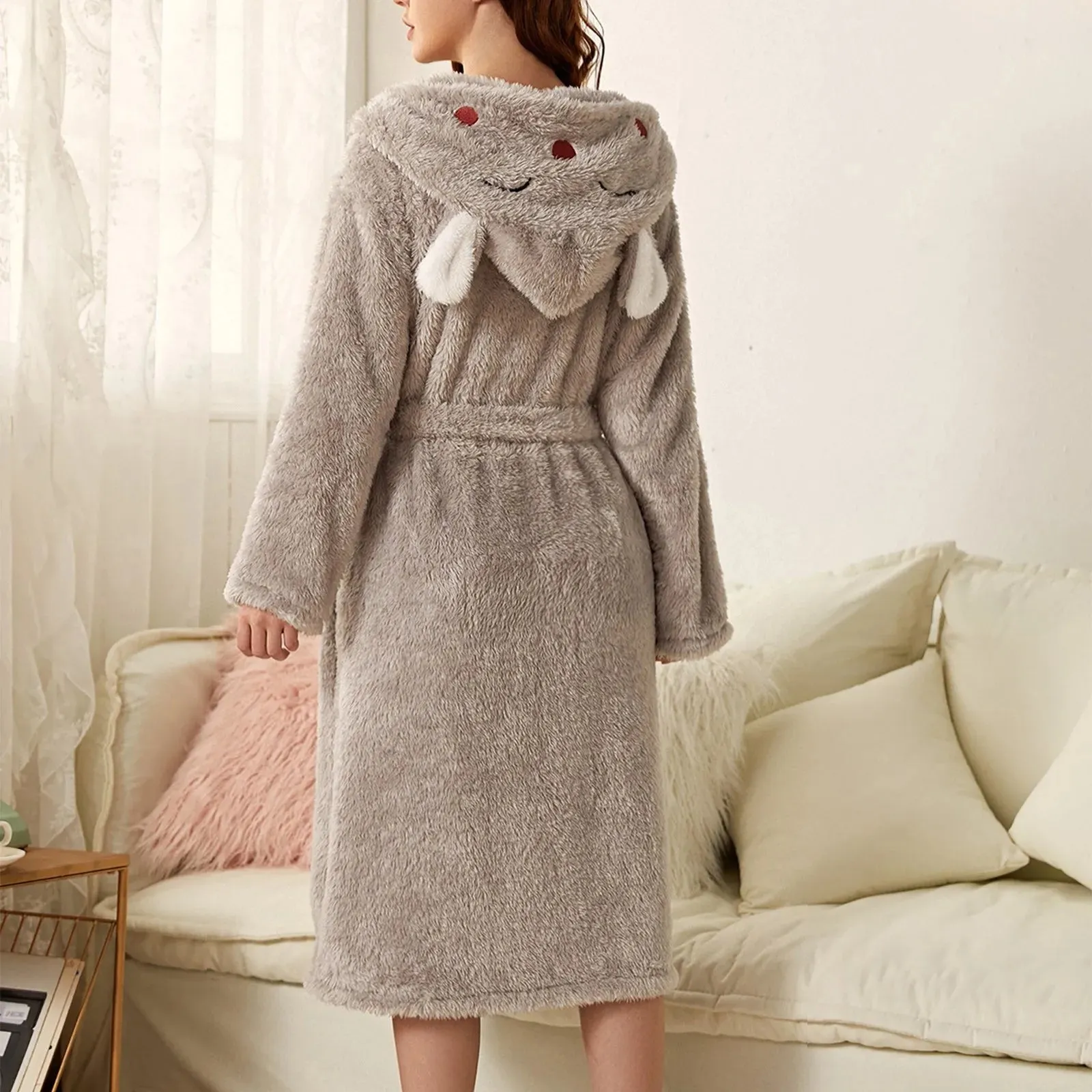 Women's 3d Ear Hooded Flannel Bathrobe Soft And Warm Double Faced Velvet Bathrobe Sexy Pajamas Thickened Winter Home Bathrobe