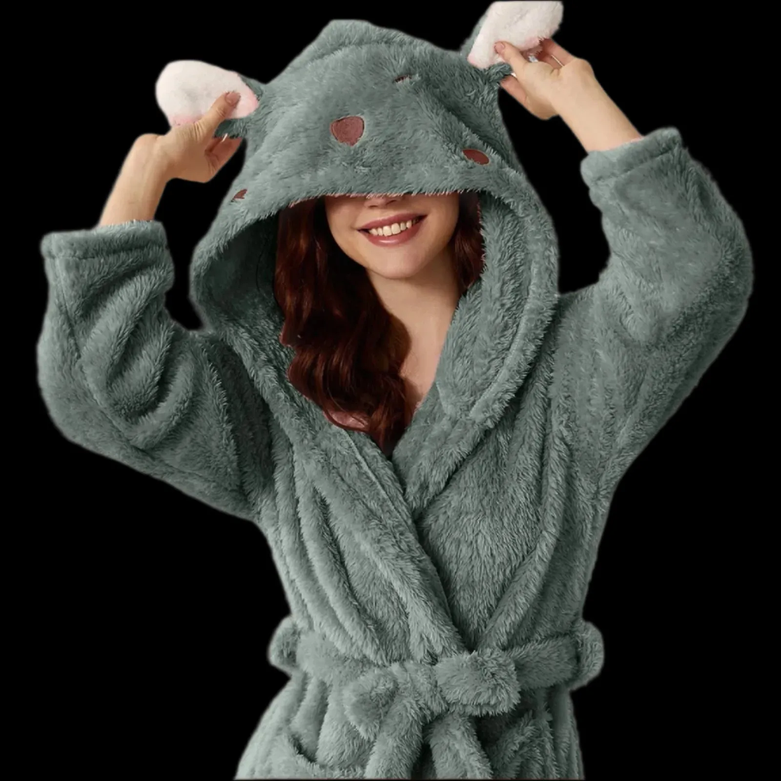 Women's 3d Ear Hooded Flannel Bathrobe Soft And Warm Double Faced Velvet Bathrobe Sexy Pajamas Thickened Winter Home Bathrobe