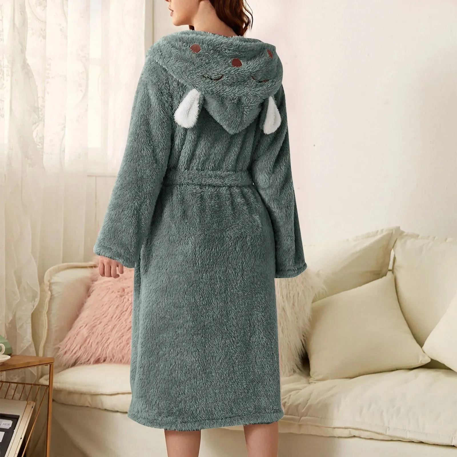 Women's 3d Ear Hooded Flannel Bathrobe Soft And Warm Double Faced Velvet Bathrobe Sexy Pajamas Thickened Winter Home Bathrobe