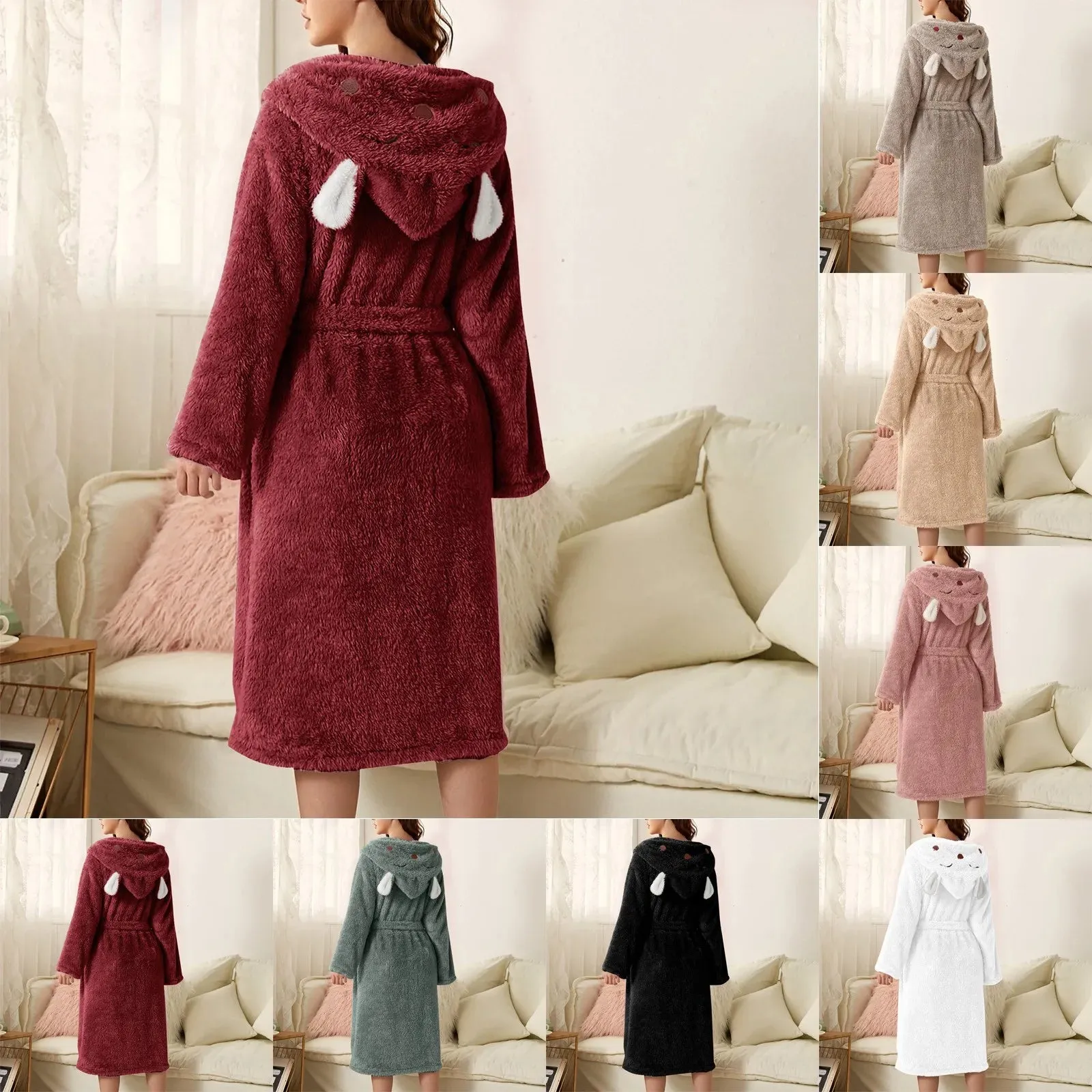 Women's 3d Ear Hooded Flannel Bathrobe Soft And Warm Double Faced Velvet Bathrobe Sexy Pajamas Thickened Winter Home Bathrobe