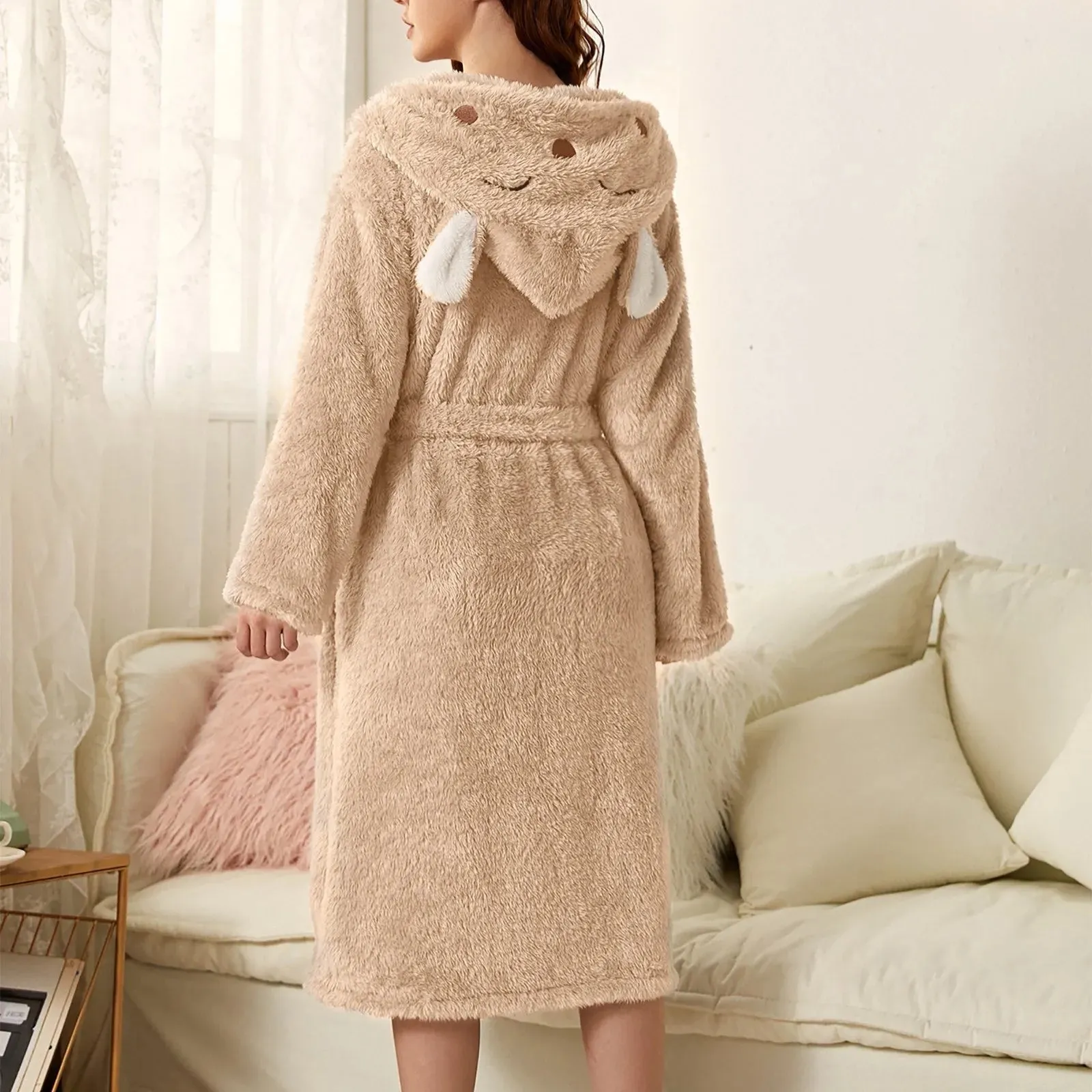 Women's 3d Ear Hooded Flannel Bathrobe Soft And Warm Double Faced Velvet Bathrobe Sexy Pajamas Thickened Winter Home Bathrobe