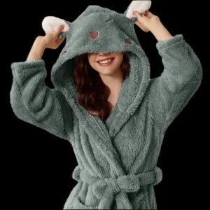 Women's 3d Ear Hooded Flannel Bathrobe Soft And Warm Double Faced Velvet Bathrobe Sexy Pajamas Thickened Winter Home Bathrobe